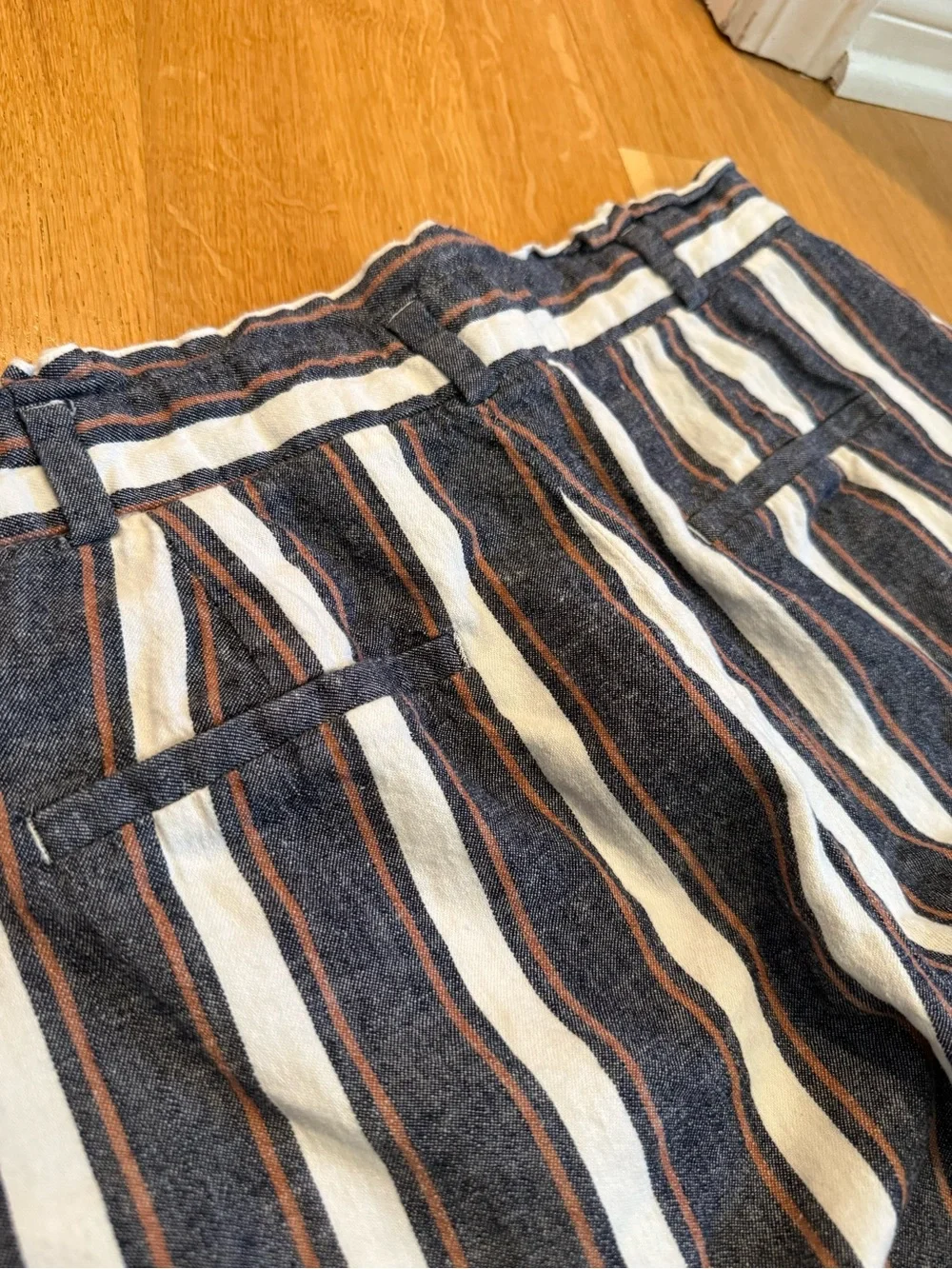 Striped High-Waist Linen Blend Pants in Navy, White & Rust